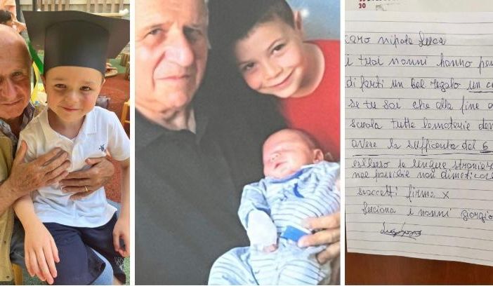 L'amore di un nonno per i suoi nipoti. Giorgio Grossi insieme a Marco e Luca e la letterina-promessa scritta a Luca insieme a nonna Luciana L'amore di un nonno per i suoi nipoti. Giorgio Grossi insieme a Marco e Luca e la letterina-promessa scritta a Luca insieme a nonna Luciana