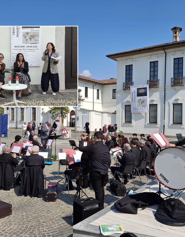 Esordio in musica davanti a palazzo Marliani Cicogna per BA Book. Nel riquadro, da sinistra, Samanta Cornaviera, Anna Prandoni, Manuela Maffioli
