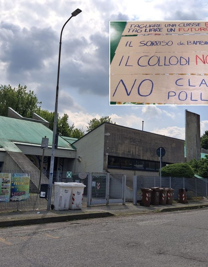 La scuola Collodi, nel riquadro gli striscioni preparati dai genitori