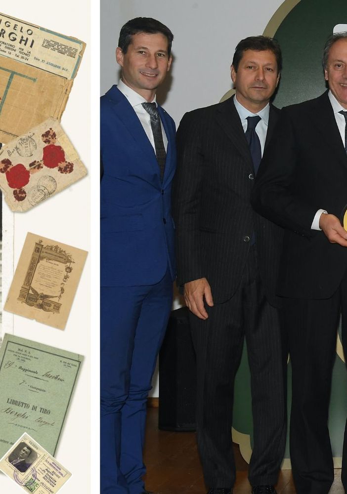 A sinistra, il fondatore Angelo Borghi e alcuni documenti storici. A destra, la terza e quarta generazione (Aldo Tosi  con la figlia Miriam) alla premiazione delle attività storiche di Regione Lombardia