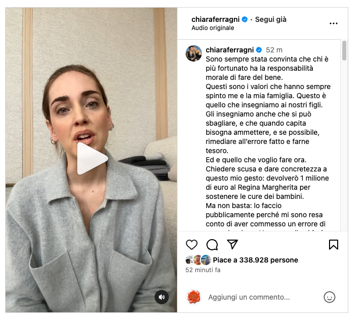 Ferragni sul caso del pandoro Balocco: «Chiedo scusa, donerò un milione di euro al Regina Margherita»