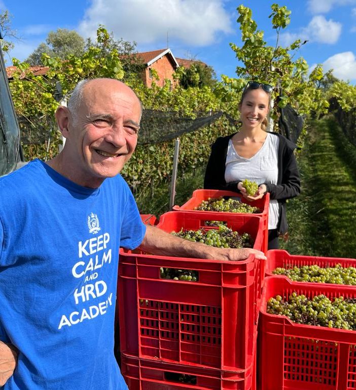 L'enologo Giovanni Caprioglio e Pascale Cazzani nelle vigne di Morazzone davanti al primo raccolto della stagione