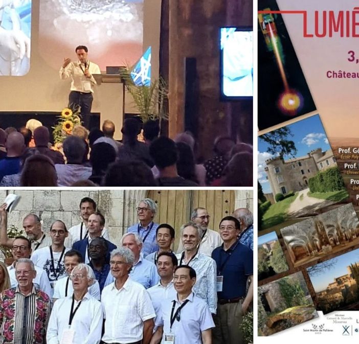 In alto a sinistra il &quot;nostro&quot; Filippo Fagnani sul palco dell'evento Lumiére et Laser. Sotto una foto di gruppo dei relatori e a fianco la locandina del convegno