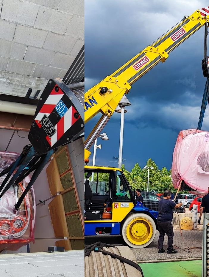 La nuova risonanza magnetica da 1,5 Tesla durante la fase di sollevamento ed i lavori per l'installazione