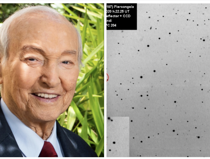 In alto a sinistro: Piero Angela. A destra: l'asteroide che porta il suo nome fotografato dalla Società Astronomica Schiaparelli