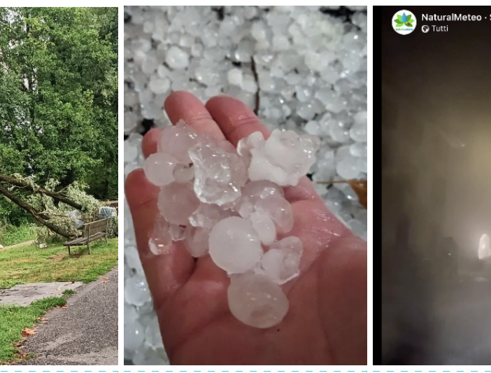 Da sinistra: un albero caduto a Gaivate, la grandine di Saronno e un fermo immagine di un video di Natural Meteo che documenta il forte temporale di stanotte a Leggiuno
