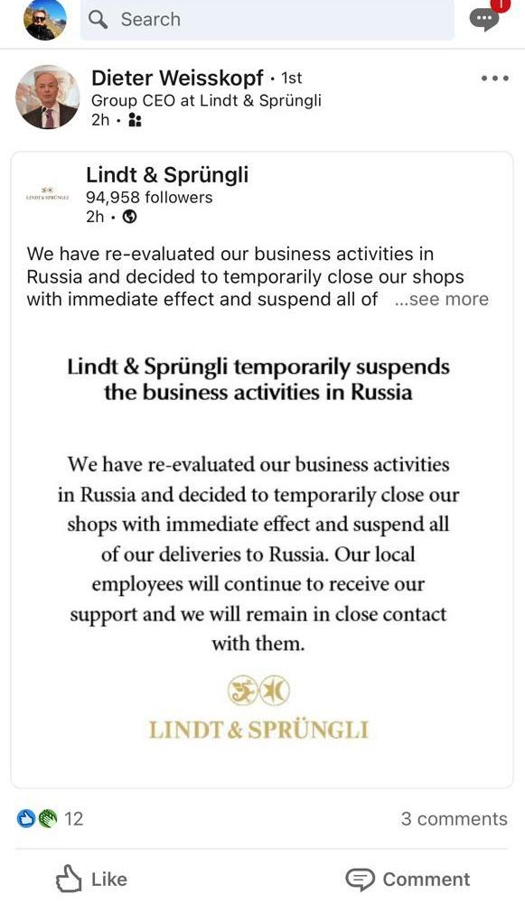 Anche Lindt sospende le sue attività in Russia