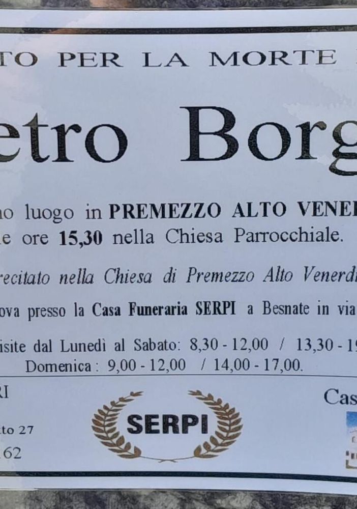 Cavaria con Premezzo in lutto per il suo Pietro