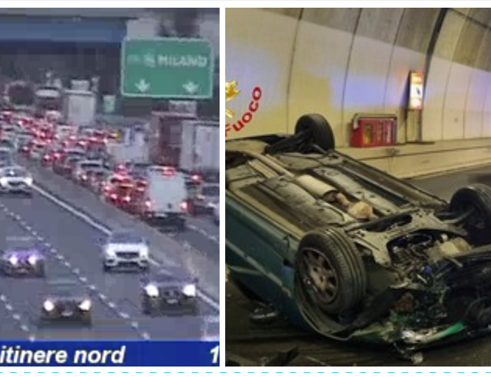 A sinistra: code in A8 poco dopo le 18 di venerdì. A destra: l'auto ribaltata in Pedemontana