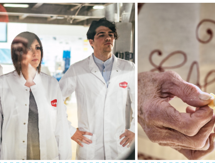 Massimiliano, Valentina e Matteo Di Caro, la terza generazione del Raviolificio, nei reparti aziendali. A lato: nonna Ebe, emiliana doc, mentre realizza a mano i suoi tortellini. Insieme al marito Tino fondano il Raviolificio Scoiattolo agli inizi degli anni '80