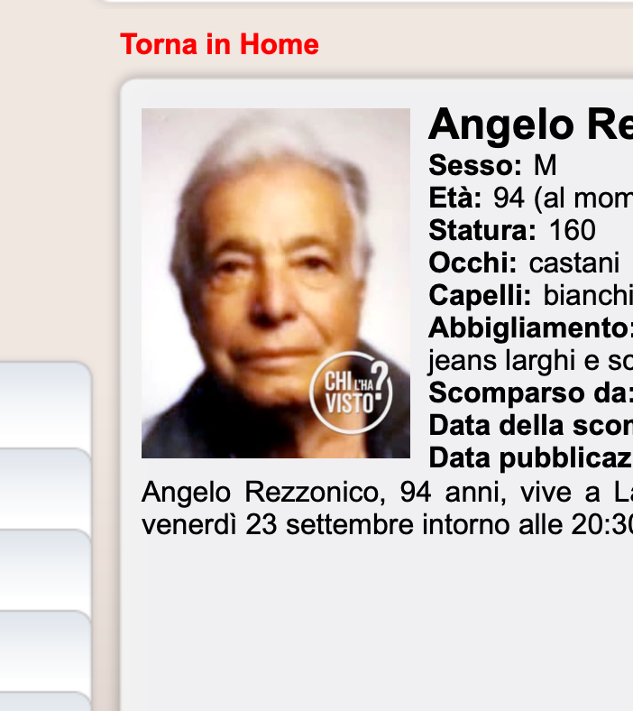 Si cerca nonno Angelo: è scomparso da 11 giorni a Lainate