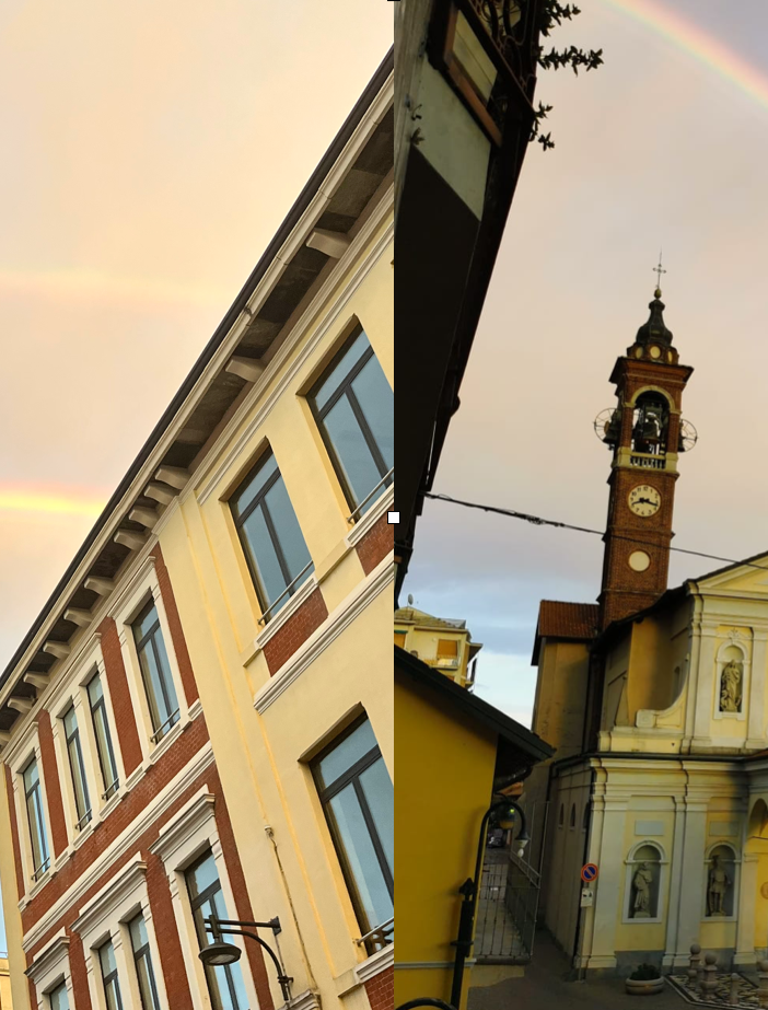 L'arcobaleno tra i palazzi in centro a Busto; poi colori sulla chiesa di Samarate grazie a Valentino Celotto