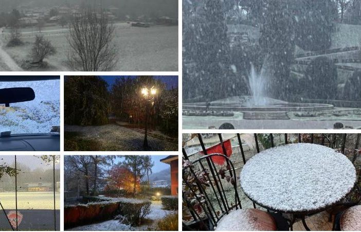 Dall'alto in senso orario il Brinzio e i Giardini Estensi sotto la prima neve, un balcone e un'abitazione in zona Masnago, il campo delle Bustecche in bianco, un'auto in sosta davanti al palaghiaccio di via Albani e al centro un giardino a Castronno