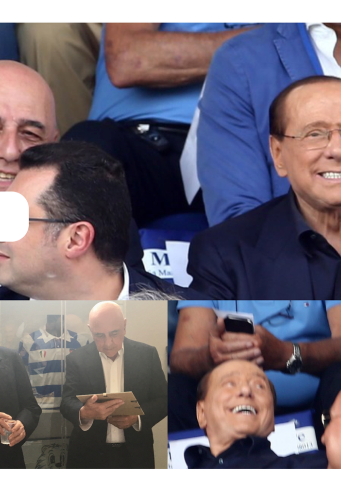 Sopra, Berlusconi e Galliani nella foto di Daniele Belosio. Sotto, un'altra immagine in tribuna e la visita al Pro Patria Museum