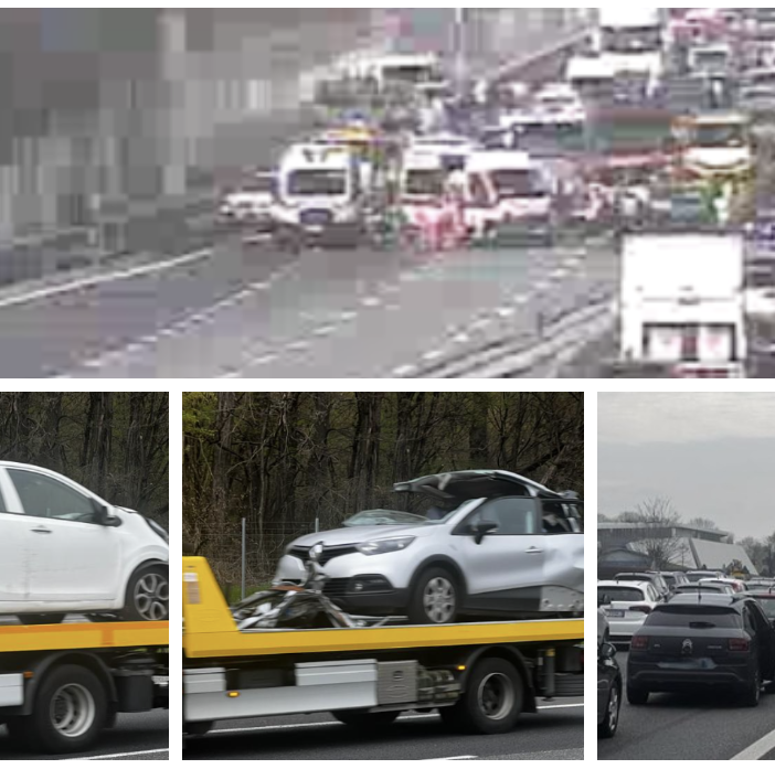 L'incidente visto da una webcam di Autostrade per l'Italia. Sotto: due delle auto coinvolte e le lunghe code in A8 L'incidente visto da una webcam di Autostrade per l'Italia. Sotto: due delle auto coinvolte e le lunghe code in A8