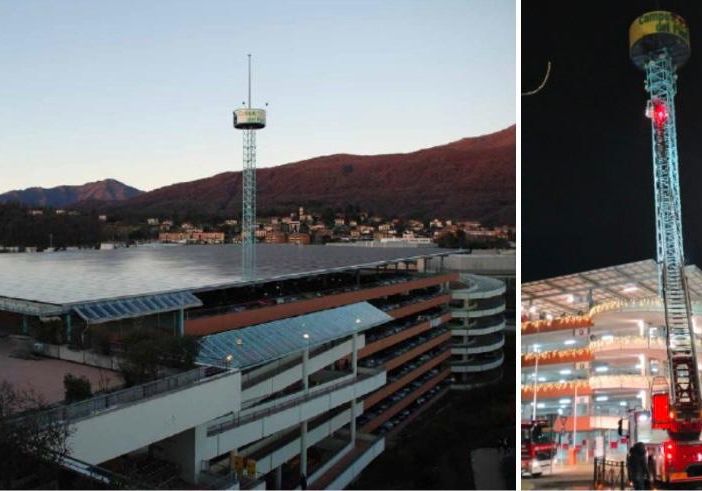 Tetto e torre del Centro Commerciale Campo dei Fiori di viale Ticino a Gavirate: a destra l'intervento di ieri sera dei vigili del fuoco Tetto e torre del Centro Commerciale Campo dei Fiori di viale Ticino a Gavirate: a destra l'intervento di ieri sera dei vigili del fuoco
