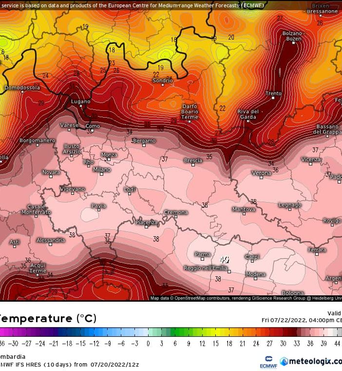 La cartina prevista per domani, venerdì 22 luglio, e postata da Bertoni: tra un giorno la massima storica mai registrata a Varese potrebbe dover essere aggiornata