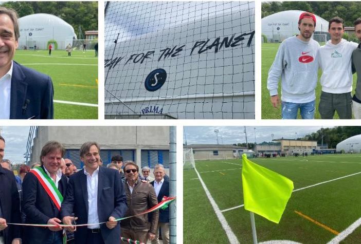 Claudio Milanese, patron della Solbiatese, all'inaugurazione del nuovo centro sportivo di Solbiate Arno, il taglio del nastro con il sindaco Battiston e il vice presidente del consiglio regionale Cosentino, i giocatori della Solbiatese Scapinello, Mondoni e Torraco sui nuovi campi e il pallone con i 3 campi da padel