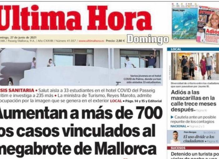 Il maxi focolaio di Covid in prima pagina su uno dei quotidiani di Maiorca