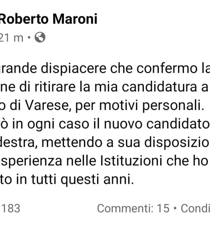 Maroni conferma il passo indietro: «Mi ritiro per motivi personali»