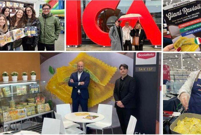 Lo Scoiattolo porta la pasta varesina da Varese al mondo: qui sopra Matteo Di Caro presente nei giorni scorsi al Sial, il Salone Internazionale dell'Alimentazione di Parigi, dove sono stati cucinati anche i prodotti dell'azienda di Lonate Ceppino. Sopra è con la famiglia alla sede svedese del colosso della grande distribuzione svedese Ica