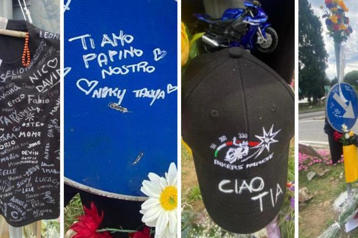 La maglietta con le firme dei Bikers Varese, il messaggio della compagna e della figlia di Mattia e il cappellino con il modellino blu della moto all'incrocio tra via Matteotti e via Toce, il luogo dove ieri il trentaquattrenne varesino ieri ha perso la vita La maglietta con le firme dei Bikers Varese, il messaggio della compagna e della figlia di Mattia e il cappellino con il modellino blu della moto all'incrocio tra via Matteotti e via Toce, il luogo dove ieri il trentaquattrenne varesino ieri ha perso la vita