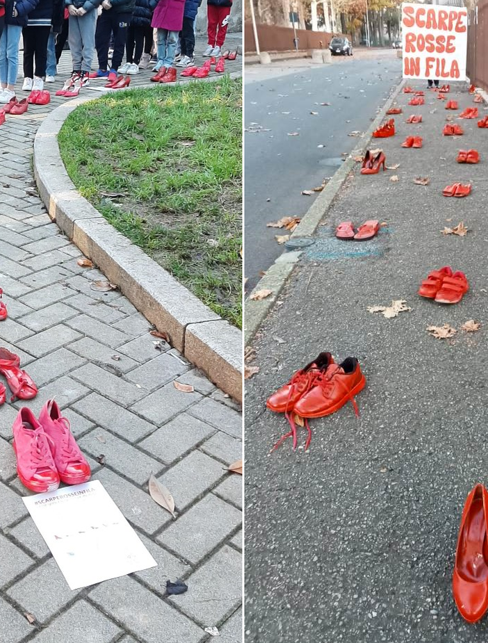 Scarpe rosse davanti alle scuole dell’istituto Galilei: «Per tutte “le Giulia” e perché non ce ne sia mai più nessuna»