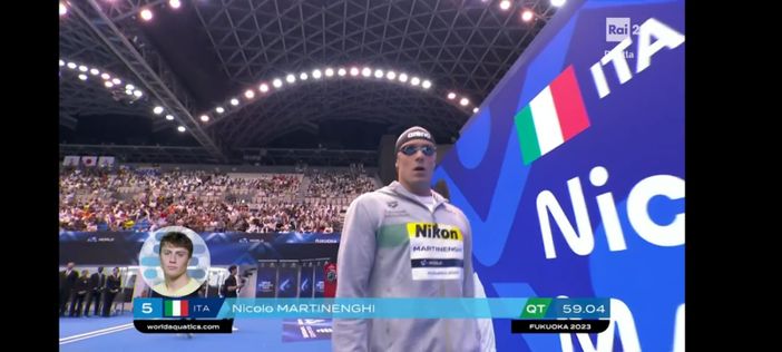 Nicolò Martinenghi impegnato nella seminale dei 100 rana in Giappone (foto da Rai2) Nicolò Martinenghi impegnato nella seminale dei 100 rana in Giappone (foto da Rai2)
