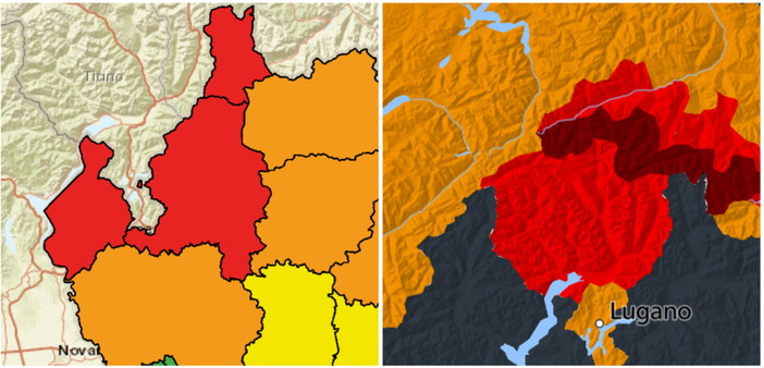 L'allerta rossa e arancione per la provincia di Varese (rossa nel nord, cioè zona laghi e Prealpi) della protezione civile e, a destra, quella di Meteo Svizzera