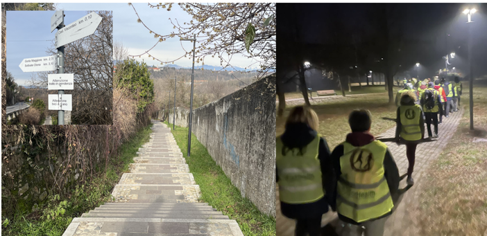 I gradini da e verso la Valle che saranno "scalati" con la San Gaudenzio Run e a lato i camminatori entrati in azione venerdì