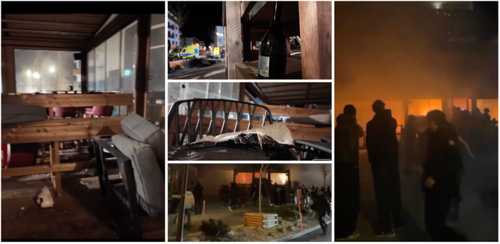 Le immagini terribili dal luogo della tragedia di Crans-Montana (dal video diffuso dalla polizia cantonale vallesana). A destra e qui sopra in basso due fotogrammi dal video riproposto dai mezzi d'informazione svizzeri del momento dell'incendio seguito all'esplosione nel bar Le Constellation