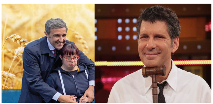 Flavio Insinna nell'immagine della campagna Unitalsi e Fabrizio Frizzi (foto Rai)