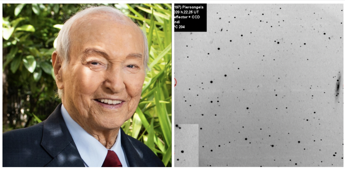 In alto a sinistro: Piero Angela. A destra: l'asteroide che porta il suo nome fotografato dalla Società Astronomica Schiaparelli