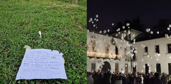 La letterina postata sulla pagina Facebook Podere Casanova Montepulciano e, a destra, il lancio dei palloncini a Villa Gonzaga La letterina postata sulla pagina Facebook Podere Casanova Montepulciano e, a destra, il lancio dei palloncini a Villa Gonzaga