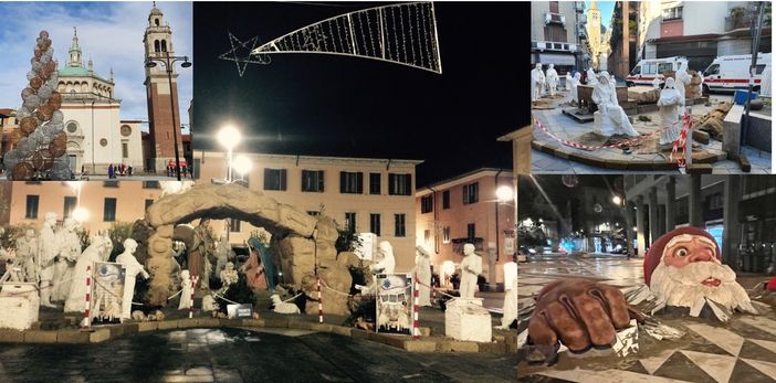 Nella foto più grande il presepe dov'era prima, in piazza Santa Maria: qui ora c'e l'albero. A lato il presepe spostato in via Cardinal Tosi e il Babbo Natale che sbuca dalla pavimentazione in via Milano Nella foto più grande il presepe dov'era prima, in piazza Santa Maria: qui ora c'e l'albero. A lato il presepe spostato in via Cardinal Tosi e il Babbo Natale che sbuca dalla pavimentazione in via Milano