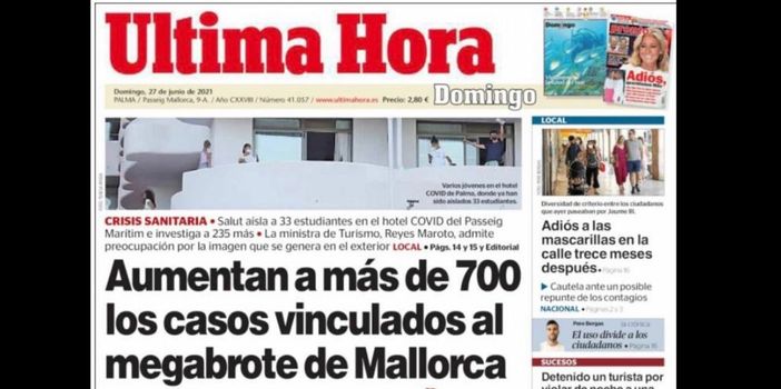 Il maxi focolaio di Covid in prima pagina su uno dei quotidiani di Maiorca Il maxi focolaio di Covid in prima pagina su uno dei quotidiani di Maiorca