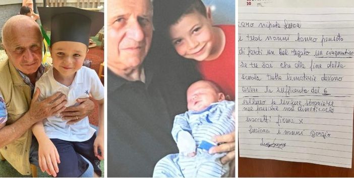 L'amore di un nonno per i suoi nipoti. Giorgio Grossi insieme a Marco e Luca e la letterina-promessa scritta a Luca insieme a nonna Luciana