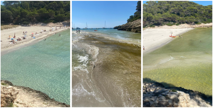 La caletta incontaminata di Trebaluger a Minorca prima (a sinistra), durante l'irruzione del fiume che travolge l'argine e dopo qualche minuto (a destra): l'acqua da turchese è verde. Sotto in gallery le immagini prima, durante e dopo il fenomeno che ha fatto temere il peggio a tanti turisti, anche italiani e varesini
