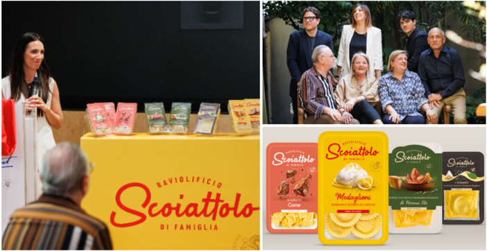 Nuovo logo e rebranding per lo Scoiattolo: a sinistra Alice Galli, responsabile comunicazione e marketing dell'azienda della nostra provincia, alla presentazione milanese di oggi a Robilant; sopra a destra foto di famiglia e le quattro nuove linee che racchiudono i prodotti del raviolificio di Lonate Ceppino