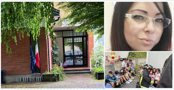 A sinistra: la scuola primaria Pascoli di Cazzago Brabbia. Nei riquadri la vittima Domenica Russo e alcuni bambini messi in sicurezza dai vigili del fuoco durante le operazioni di soccorso