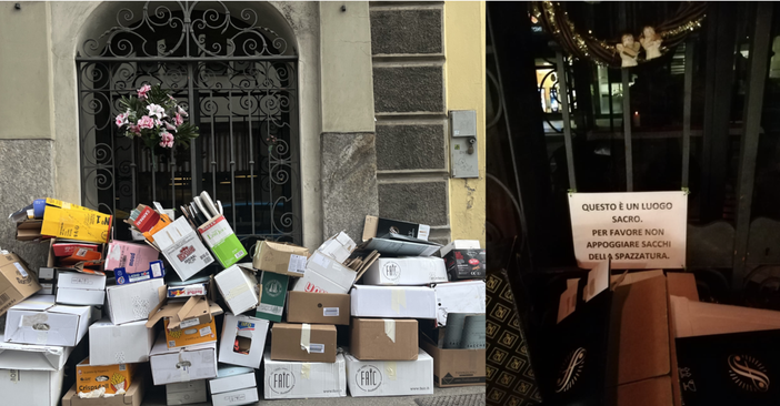 I rifiuti depositati davanti all'edicola e il cartello che chiede rispetto I rifiuti depositati davanti all'edicola e il cartello che chiede rispetto