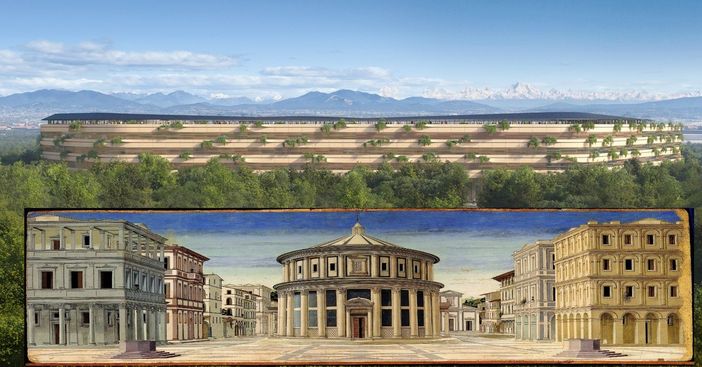 Il rendering con il Grande ospedale della Malpensa e La citta ideale, attribuita alla scuola di Piero della Francesca (foto wikimedia commons)