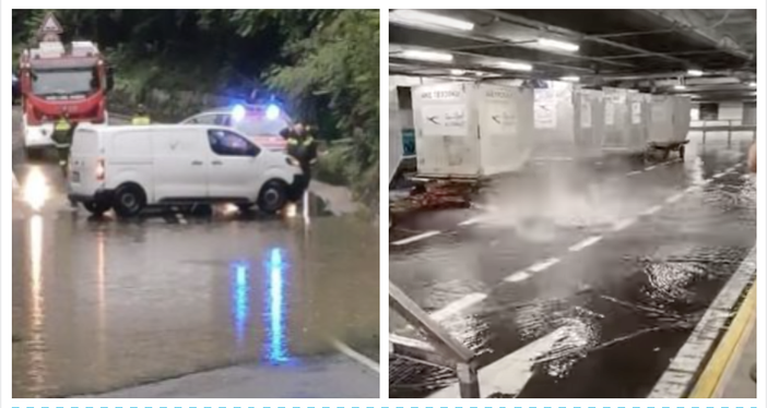 A destra: allagamenti nell'alto Varesotto. A sinistra: un tombino saltato a Malpensa A destra: allagamenti nell'alto Varesotto. A sinistra: un tombino saltato a Malpensa