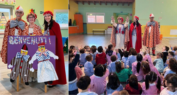 Carnevale, continua il viaggio delle maschere nelle scuole. A Beata accolte da uno splendido cartellone