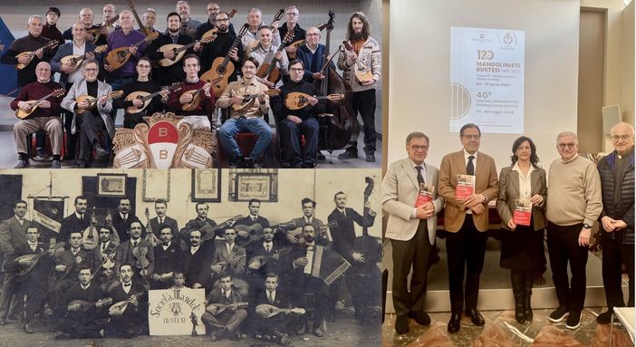 I Mandolinisti Bustesi oggi (credits Gaspare Dall'Aire) e ieri, e la presentazione di oggi