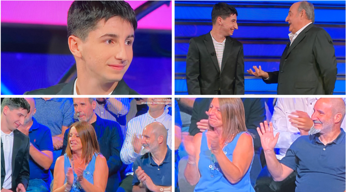 Andrea Siciliano supera i 100 mila euro vinti e finisce abbracciato da mamma e papà, che lo applaudono in studio da Gerry Scotti alla Ruota della fortuna