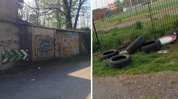 A sinistra, via Baraggioli dopo le pulizie. A destra, gli pneumatici abbandonati a Beata Giuliana