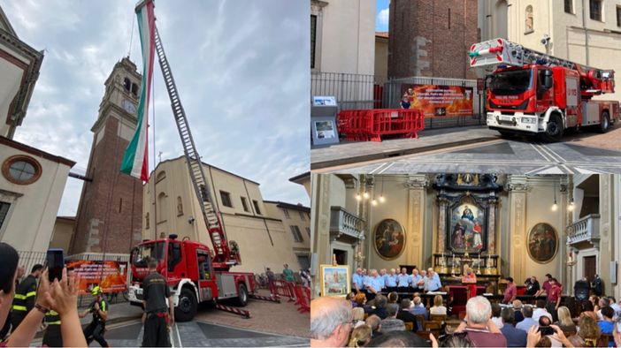 FOTO e VIDEO. I Vigili del Fuoco si calano dall’altezza del campanile di Santa Maria mostrando il tricolore