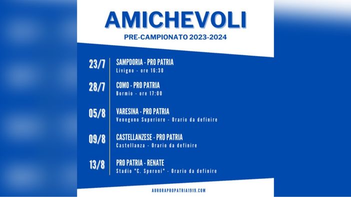 Iniziano con il botto le amichevoli della Pro Patria: la prima con la Sampdoria di Andrea Pirlo