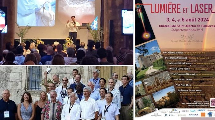 In alto a sinistra il "nostro" Filippo Fagnani sul palco dell'evento Lumiére et Laser. Sotto una foto di gruppo dei relatori e a fianco la locandina del convegno In alto a sinistra il "nostro" Filippo Fagnani sul palco dell'evento Lumiére et Laser. Sotto una foto di gruppo dei relatori e a fianco la locandina del convegno